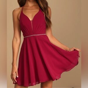 Bling Queen Burgundy Lace-Up Rhinestone Skater Dress - Burgandy
